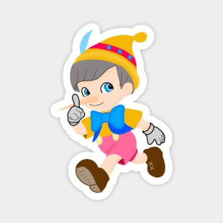 Drawing of a boy dressed like the cartoon Pinocchio, running fun. Magnet