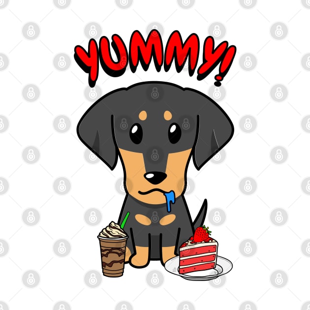 Cute dachshund dog is having coffee and cake by Pet Station