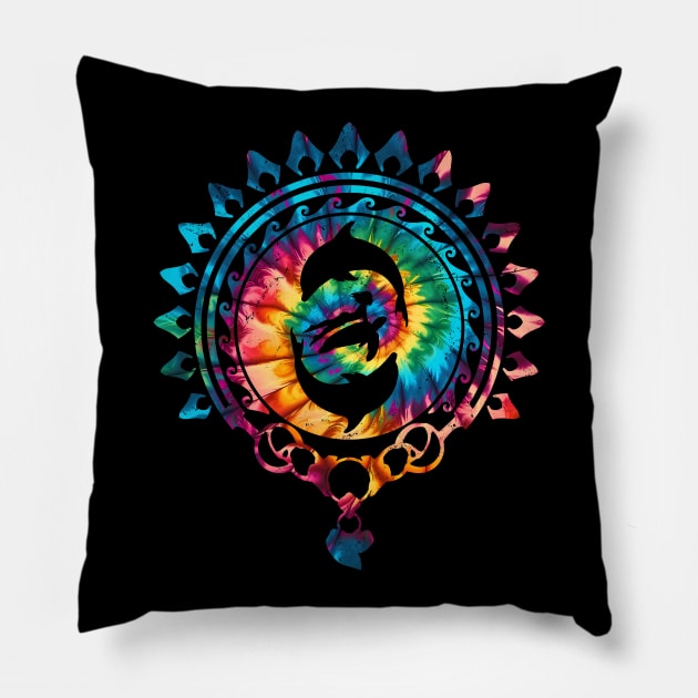 Dolphins freediver and sea turtle Tie Dye Pattern Pillow by NicGrayTees