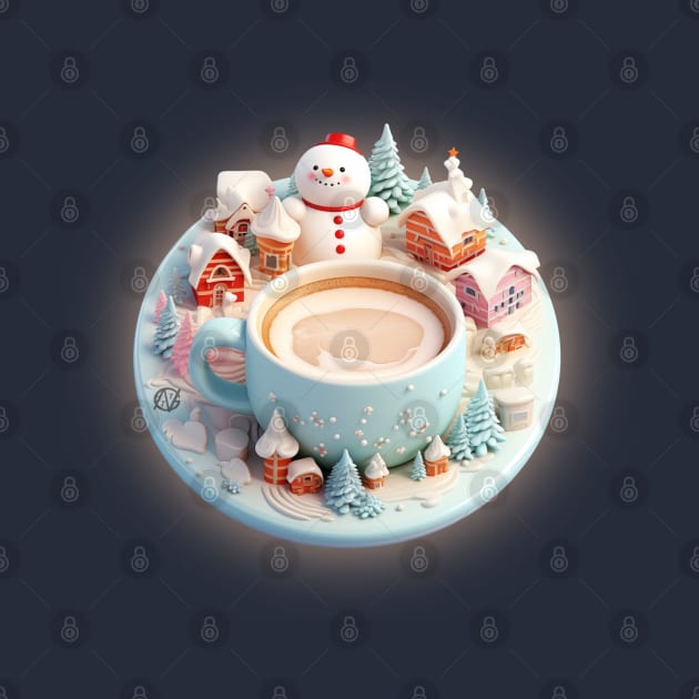 Cappucino barista art with snowman in a winter wonderland setting by Violet77 Studio