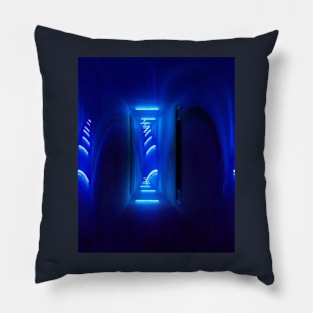 Digital collage and special processing. Sci-fi and mystic. Corridor. Blue lights. Pillow