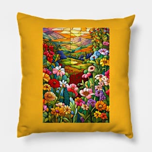 Stained Glass Colorful Mountain Meadow Pillow