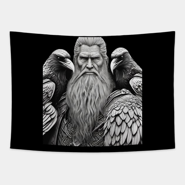 King of the Vikings Odin in Battle Armor with his ravens Huginn and Muninn done in a realistic black and gray. Tapestry by DesignsbyZazz