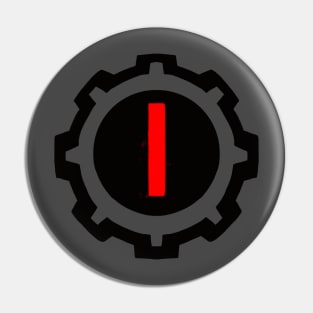 Red Letter I in a Black Industrial Cog Pin