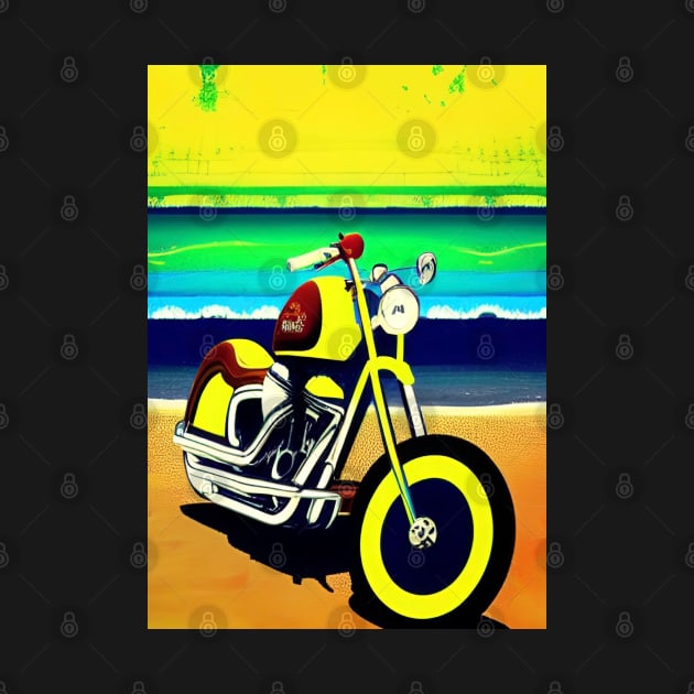 YELLOW SURREAL RETRO MOTORCYCLE ON THE BEACH by sailorsam1805