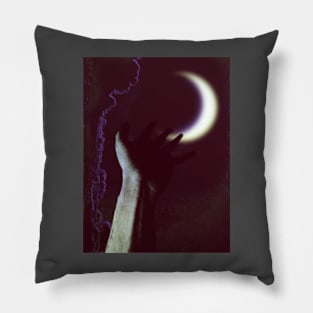 Digital collage and special processing. Hand pointing to the moon. Very beautiful. Low contrast, violet. Pillow