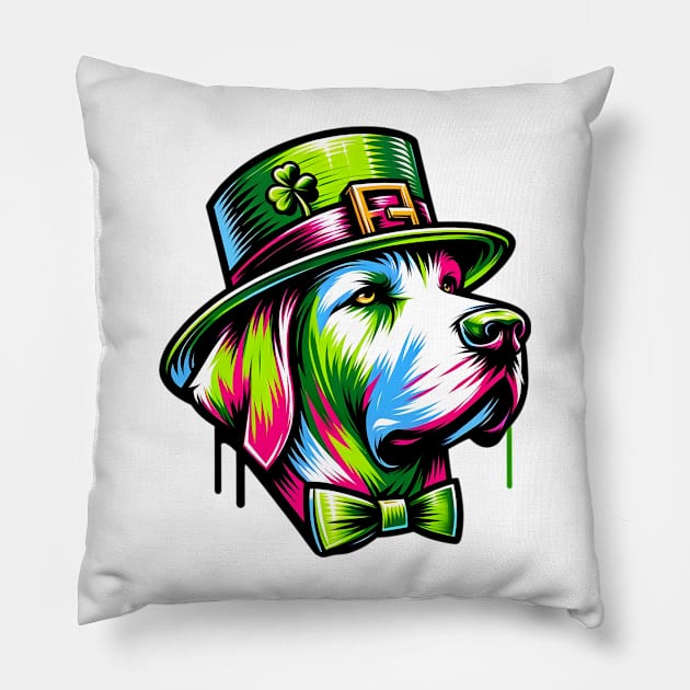 Pointer Dog Celebrates Saint Patrick's Day Cheer Pillow by ArtRUs