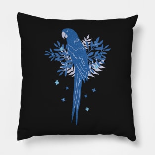 Blue Ara parrot with Tropical Leaves on Black Pillow