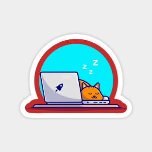 Cute Cat Sleeping On Laptop With Coffee Cup Cartoon Vector Icon Illustration Magnet