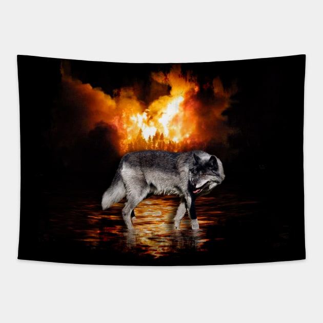 "Survivor" Alpha Grey Wolf & Burning Forest Fire Tapestry by Highseller