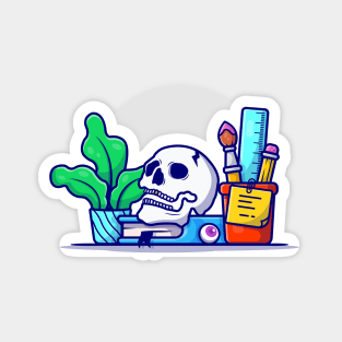 Creative Office Workspace with Skull, Book, and Plant Cartoon Vector Icon Illustration Magnet