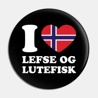 I love Lefse and Lutefisk Norwegian Flag Heart Pin