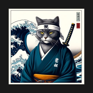 Vaporwave Samurai Cat Great Wave Off Kanagawa T-Shirt