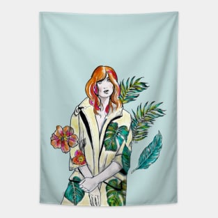 Woman with Red hair in a yellow floral coat - Fashion Illustration. Tapestry