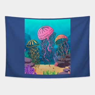 Colorful Luminous Jellyfish Sea Animals Tapestry