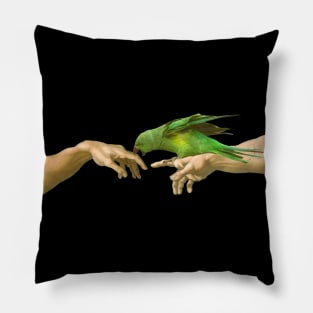 Alexandrine biting Adam, Michelangelo Green Indian ringneck Pillow