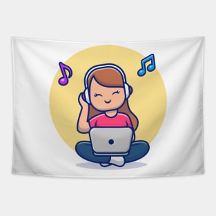 Girl Listening Music With Headphone And Laptop Tapestry