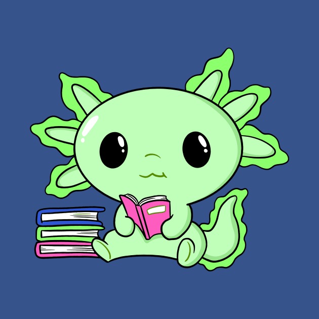 Cute Kawaii Green Axolotl Reading With Books by hypedesigns19