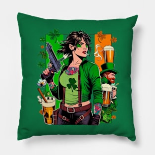 Irish Female Comic Book Hero with Leprechaun Pillow