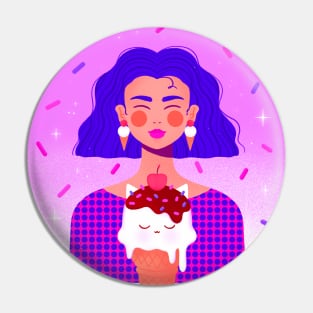 Happy girl with blue hair and kitty ice cream, version 4 Pin