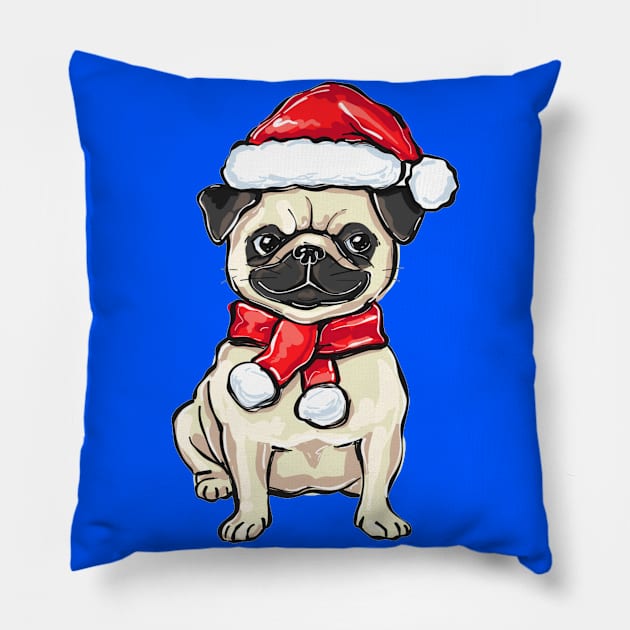 Funny Christmas pug dog in Santa hat Pillow by amramna