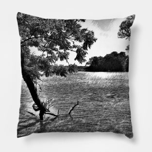 Tree in a Lake Black and White Digital Pencil Drawing Pillow