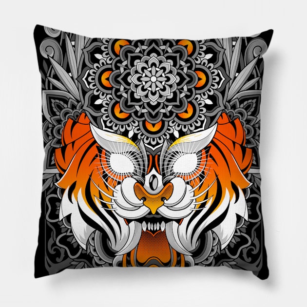 Tiger Mandala Pillow by GODZILLARGE