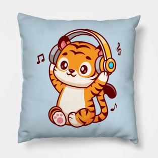 Cute Tiger Listening Music With Headphone Cartoon Pillow