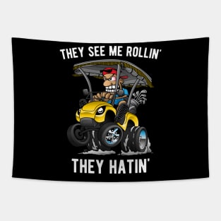 They See Me Rollin' They Hatin' Funny Golf Cart Cartoon Tapestry