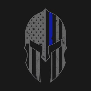 Blue Line American USA Flag Spartan Helm - American Spartan Molon Labe Distressed Helmet With American Flag Blue Thin Line Police T-Shirt