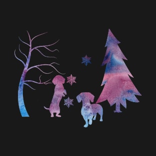 Dachshund Winter Forest Art With Snowflakes T-Shirt