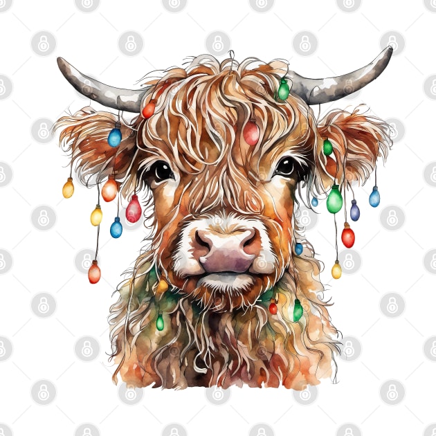 Baby Highland Cow With Christmas Lights by Chromatic Fusion Studio