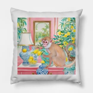 Preppy monkey and lemon tree in chinoiserie interior Pillow