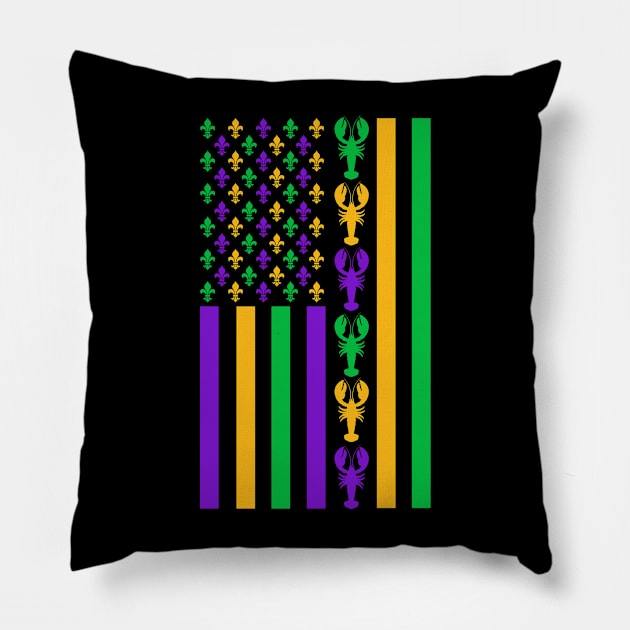 Mardi Gras American Flag with Crawfish and Fleur De Lis Pillow by Xeire