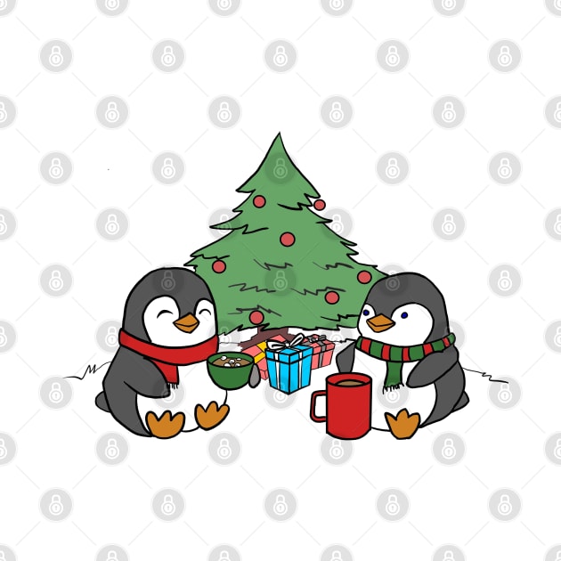 Christmas Penguins Enjoying Hot Cocoa with Christmas Tree v2 by Elizabeths-Arts