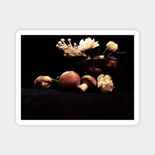 Mushrooms & Carnations 2 - Baroque Inspired Dark Still Life Photo Magnet