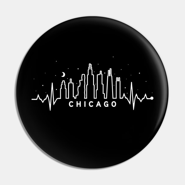 Chicago City Skyline EKG Heartbeat Night Sky Silhouette Pin by TeeCreations