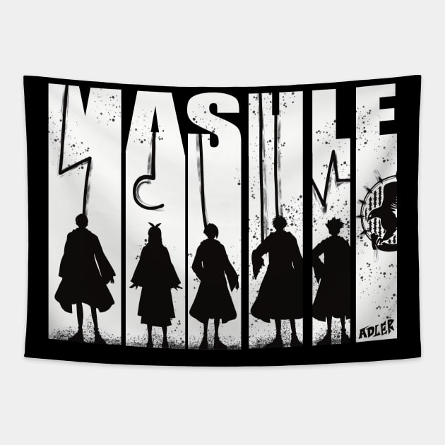 Mashle Magic and Muscles Black and White Vintage Anime Characters Mash Lemon Finn Lance and Dot with Adler Symbol Tapestry by Animangapoi