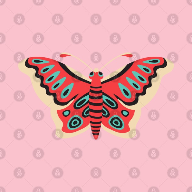 FOLK FLUTTER Folk Art Butterfly in Retro Red Turquoise Black Cream - UnBlink Studio by Jackie Tahara by UnBlink Studio by Jackie Tahara