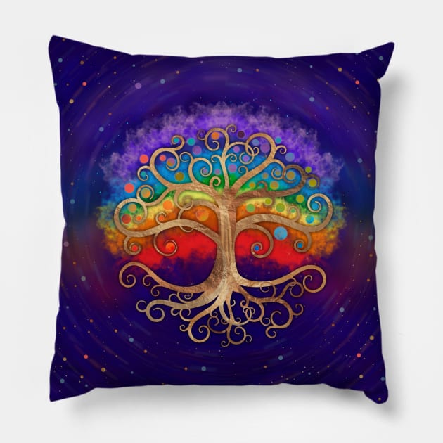 Tree of life Golden Swirl and Rainbow Pillow by Nartissima