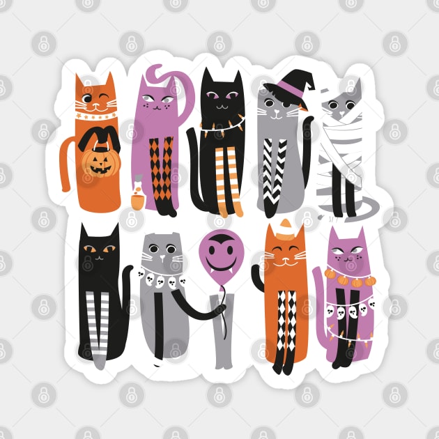 High Gothic Halloween Cats // print // purple background orange grey purple white and black kittens Magnet by SelmaCardoso