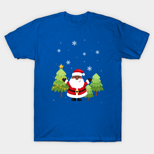 Black santa claus, african american, Christmas trees, stars, snowflakes - Black Santa Claus African American - T-Shirt