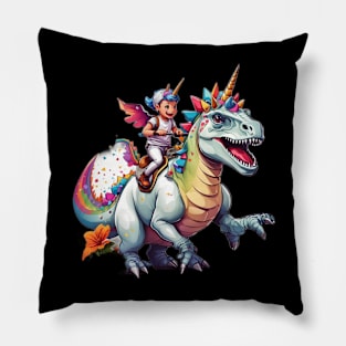 Boy Unicorn Riding Dinosaur, T-Rex Funny Unicorns Party Rainbow Squad Gifts for Kids Boys Girls Pillow