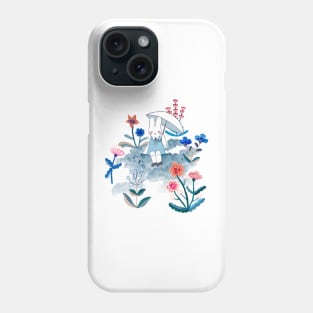 Bunny in the rain surrounded by flowers Phone Case