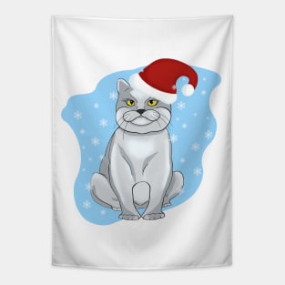 Christmas cat. Santa cat on a blue background with snowflakes. Tapestry