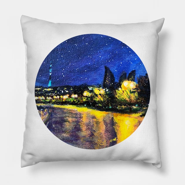 baku night boulevard scene, night walk in baku azerbaijan Pillow by chandelier2137