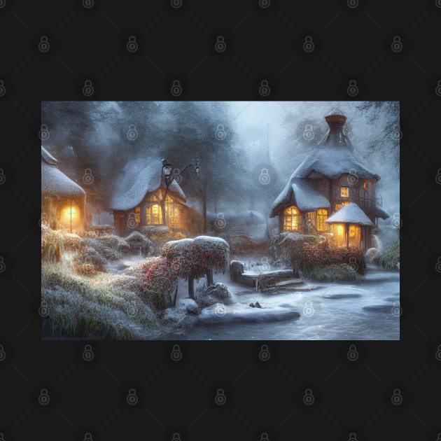 Magical Fantasy House with Lights in a Snowy Scene, Fantasy Cottagecore artwork by Promen Art