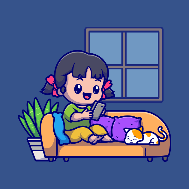 Cute Girl Operating Phone With Cat Cartoon by Catalyst Labs