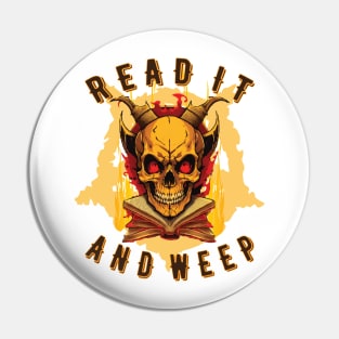 Horned skull sitting on flaming books. Pin