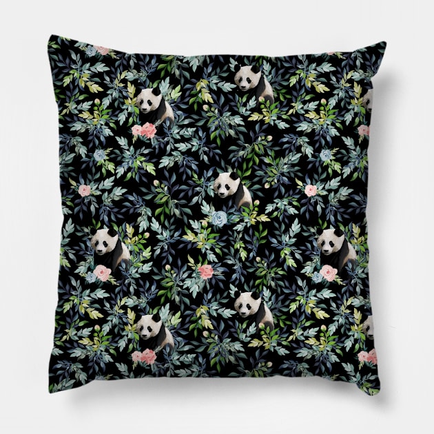 Floral Panda Pattern with Pink and Blue Roses Pillow by 1000 Pandas